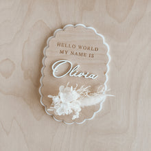 Load image into Gallery viewer, 'Hello World My Name Is' Oval Scallop Plaque - Dried Floral