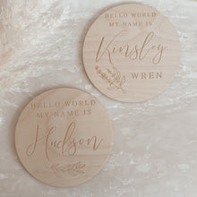 Load image into Gallery viewer, 'Hello World My Name Is' Custom Etched Wooden Name Plaque - 15cm