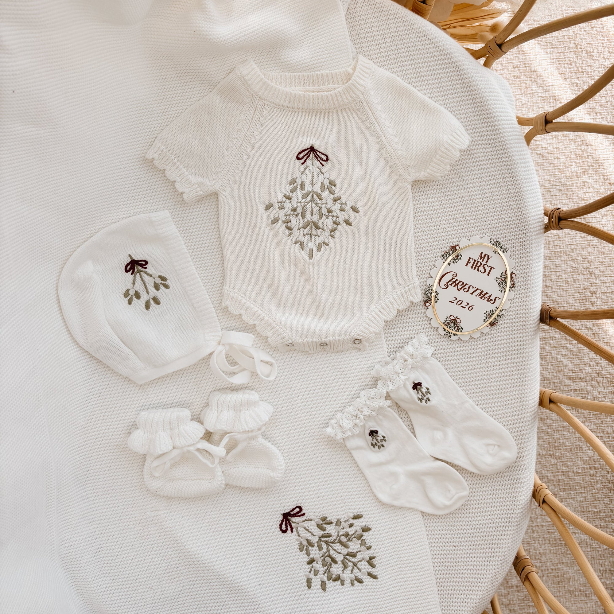 Mistletoe embroidered short sleeve knit baby romper with bonnet, booties, frill socks and milestone disc