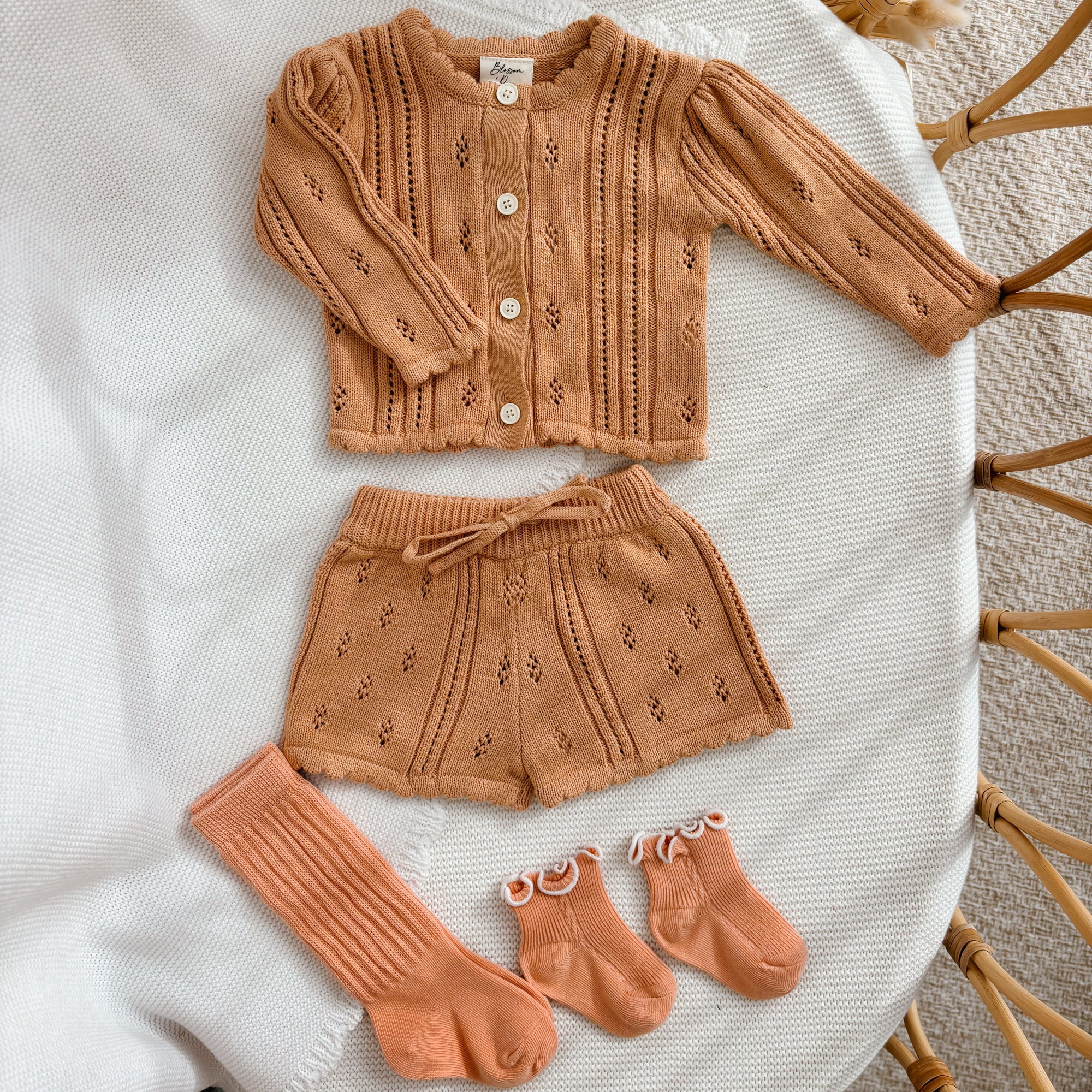 Tan pointelle knit baby cardigan and shorts set with matching knee high and frill socks
