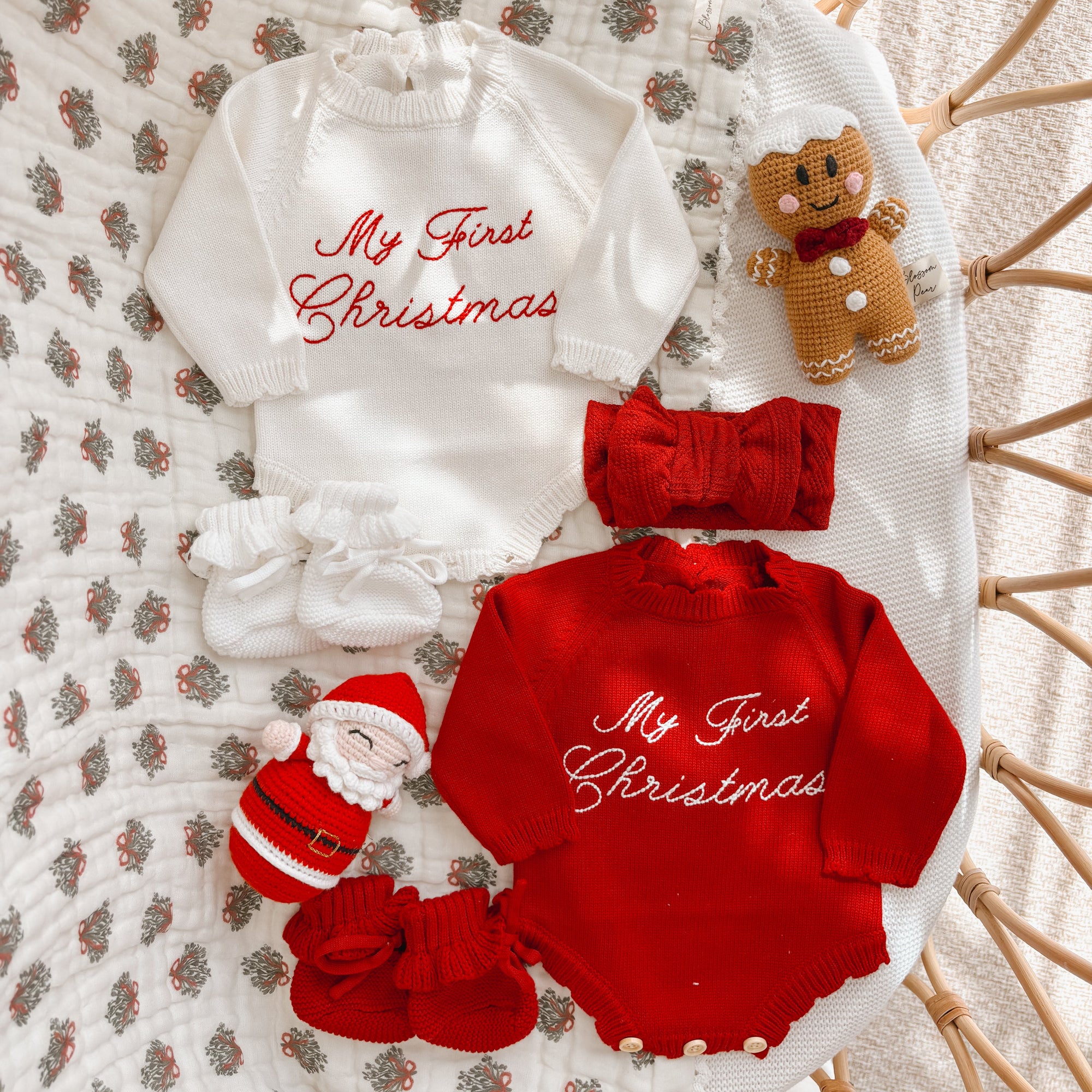 Embroidered ‘My First Christmas’ Long Sleeve Frill Knit Romper