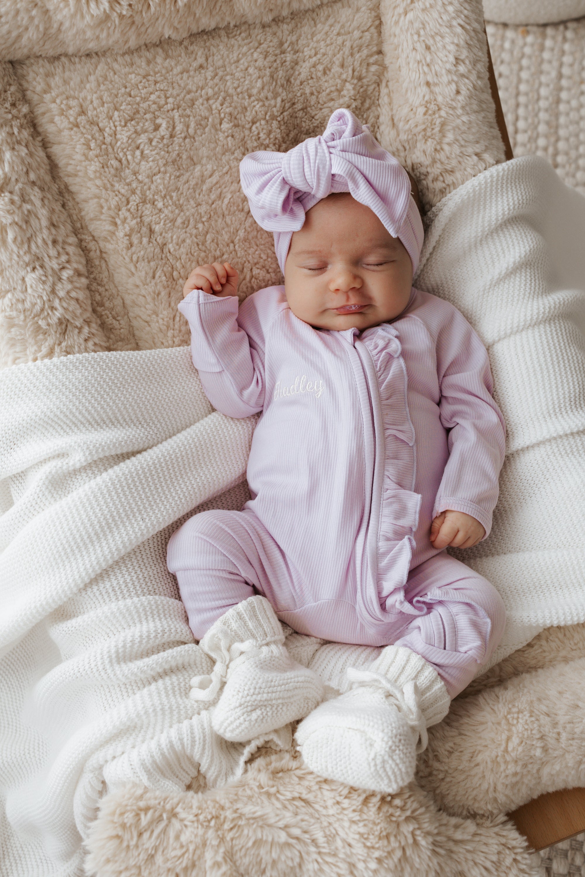 SALE Ribbed Frill Bamboo Zip Growsuit - Violet Purple