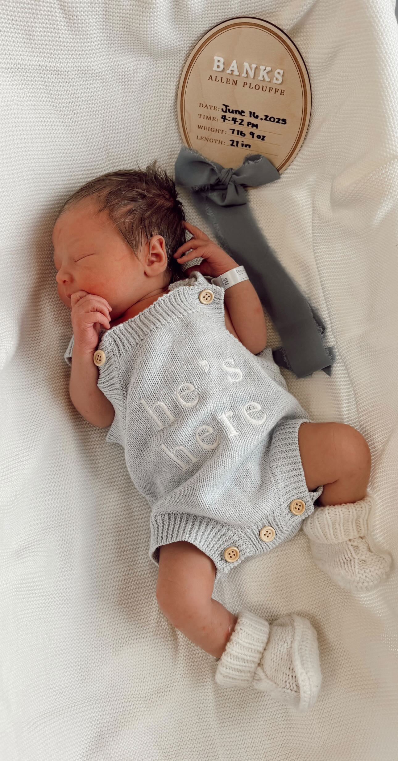 'He's Here' Singlet Mini Knit Romper - Powder Blue