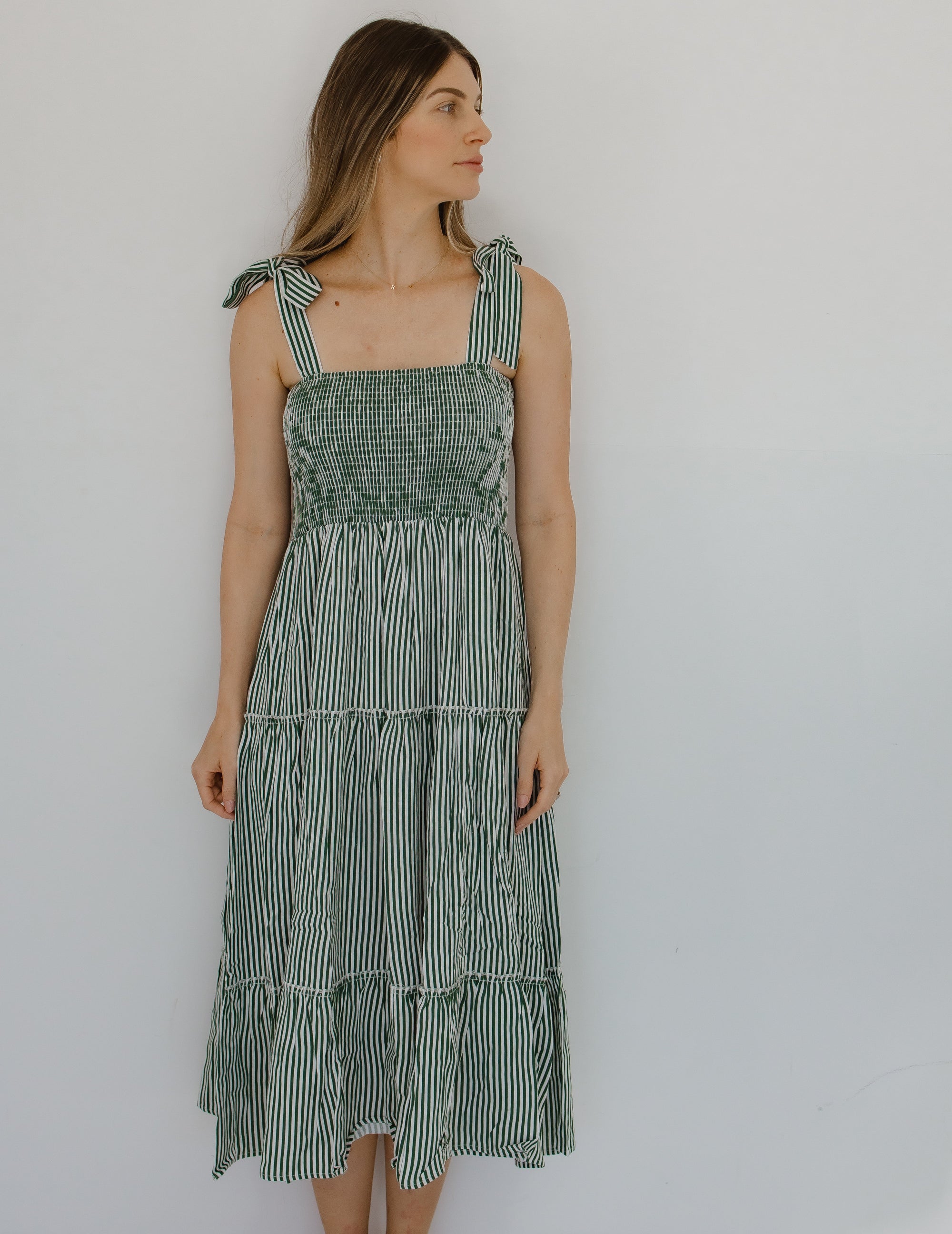 Ladies Candy Stripe Tiered Dress in Green