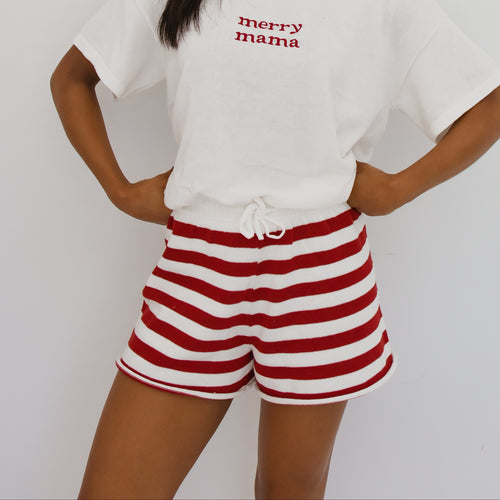 Ladies Knit Stripe Shorts - Red