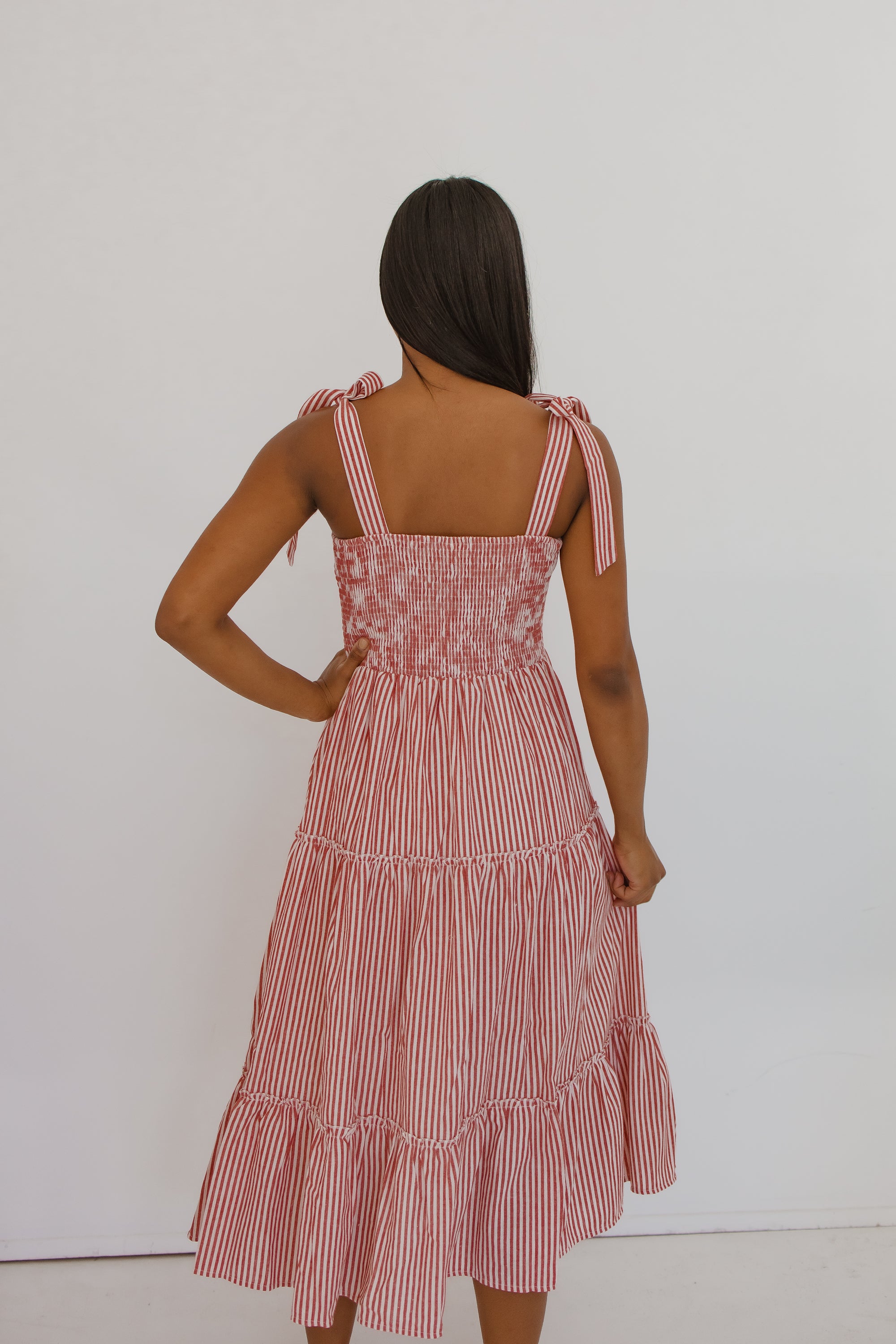 Ladies Candy Stripe Tiered Dress in Red