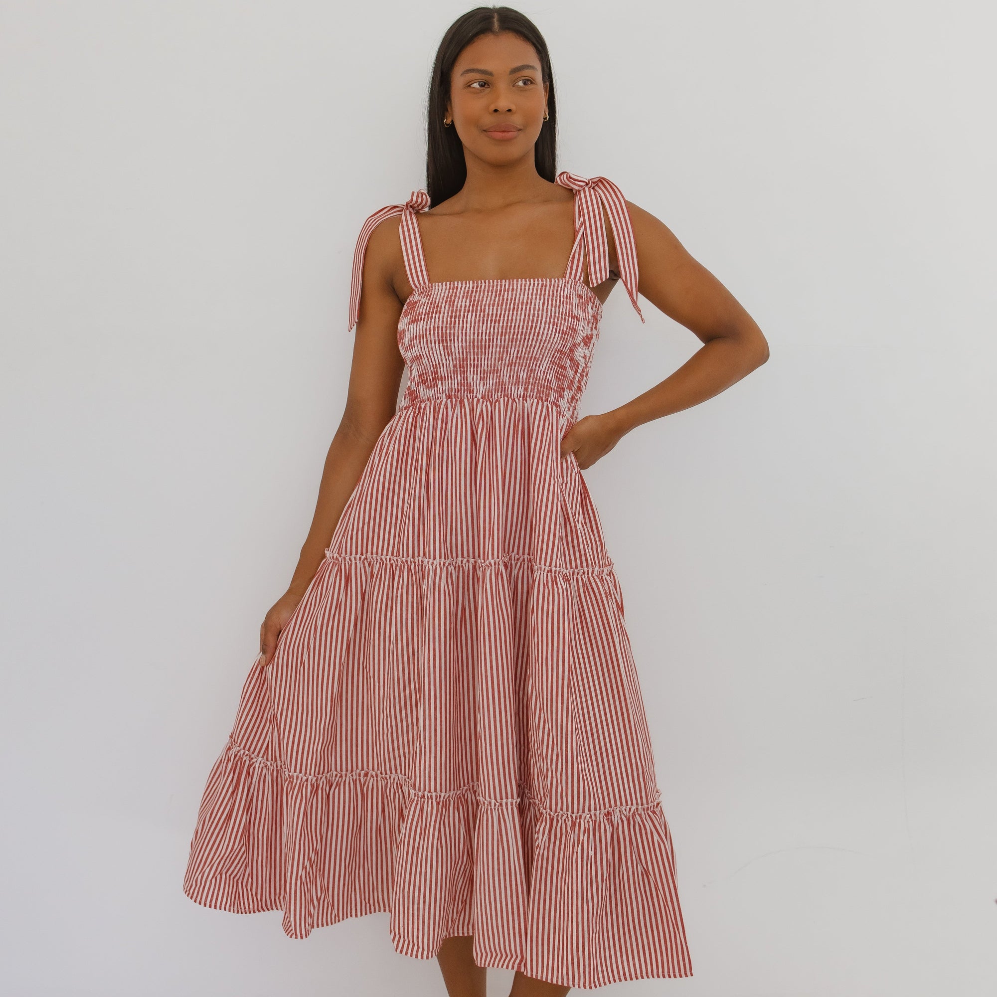 Ladies Candy Stripe Tiered Dress in Red