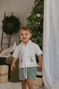Kid's Embroidered Christmas Button Down - Green
