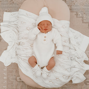 Long Sleeve Knit Romper & Beanie Bundle - Milk