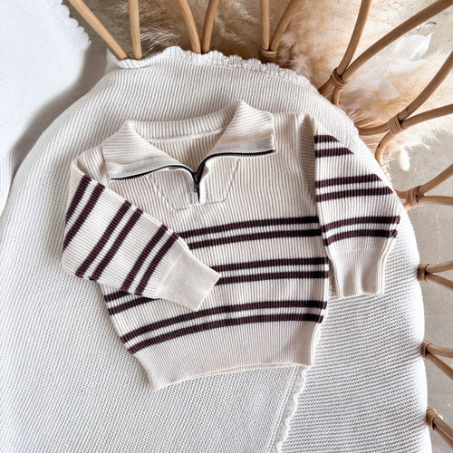 Quarter Zip Knit - Espresso Stripe