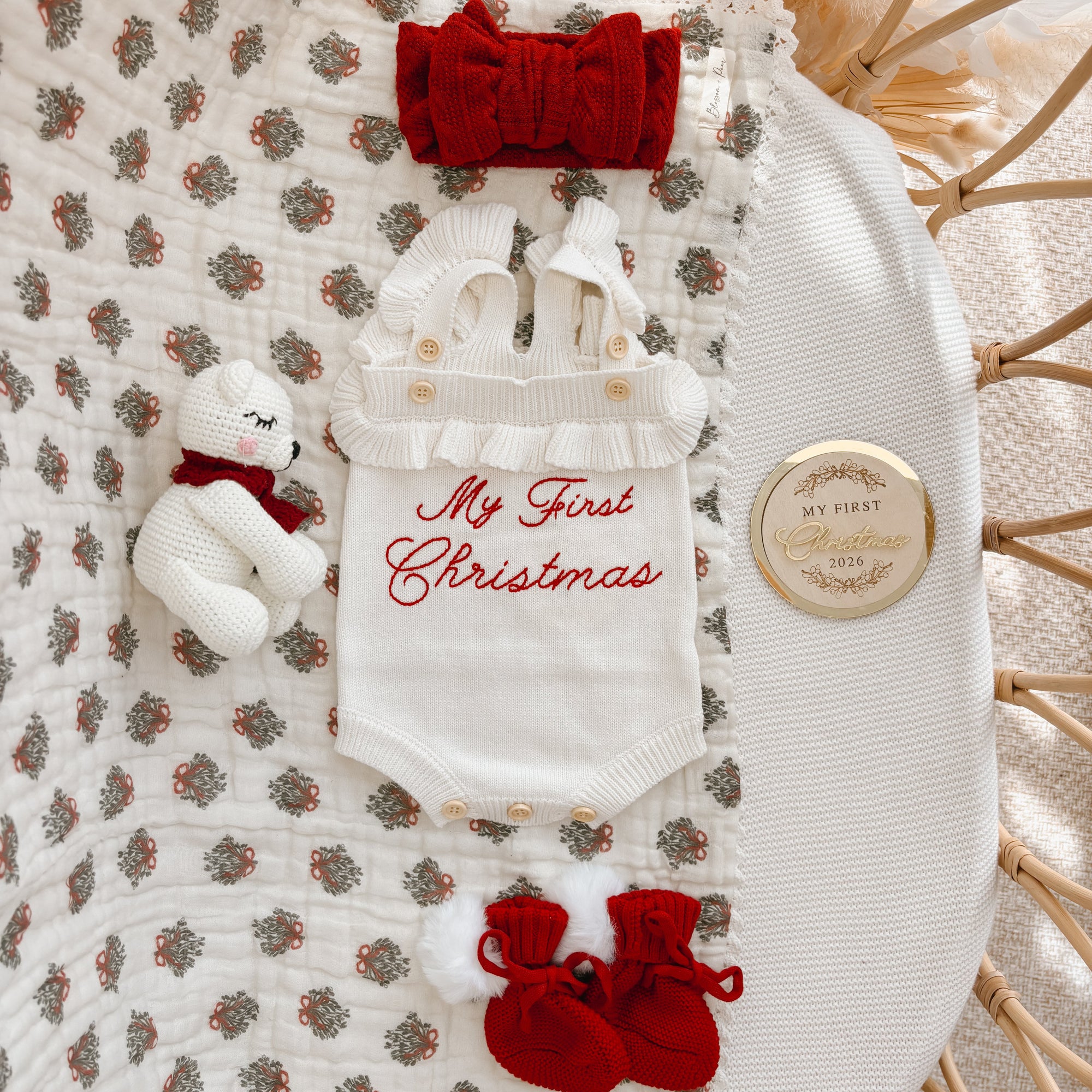 Embroidered ‘My First Christmas’ Singlet Frill Knit Romper