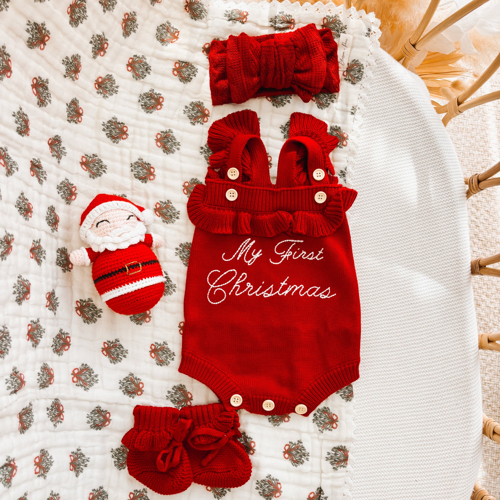 Embroidered ‘My First Christmas’ Singlet Frill Knit Romper