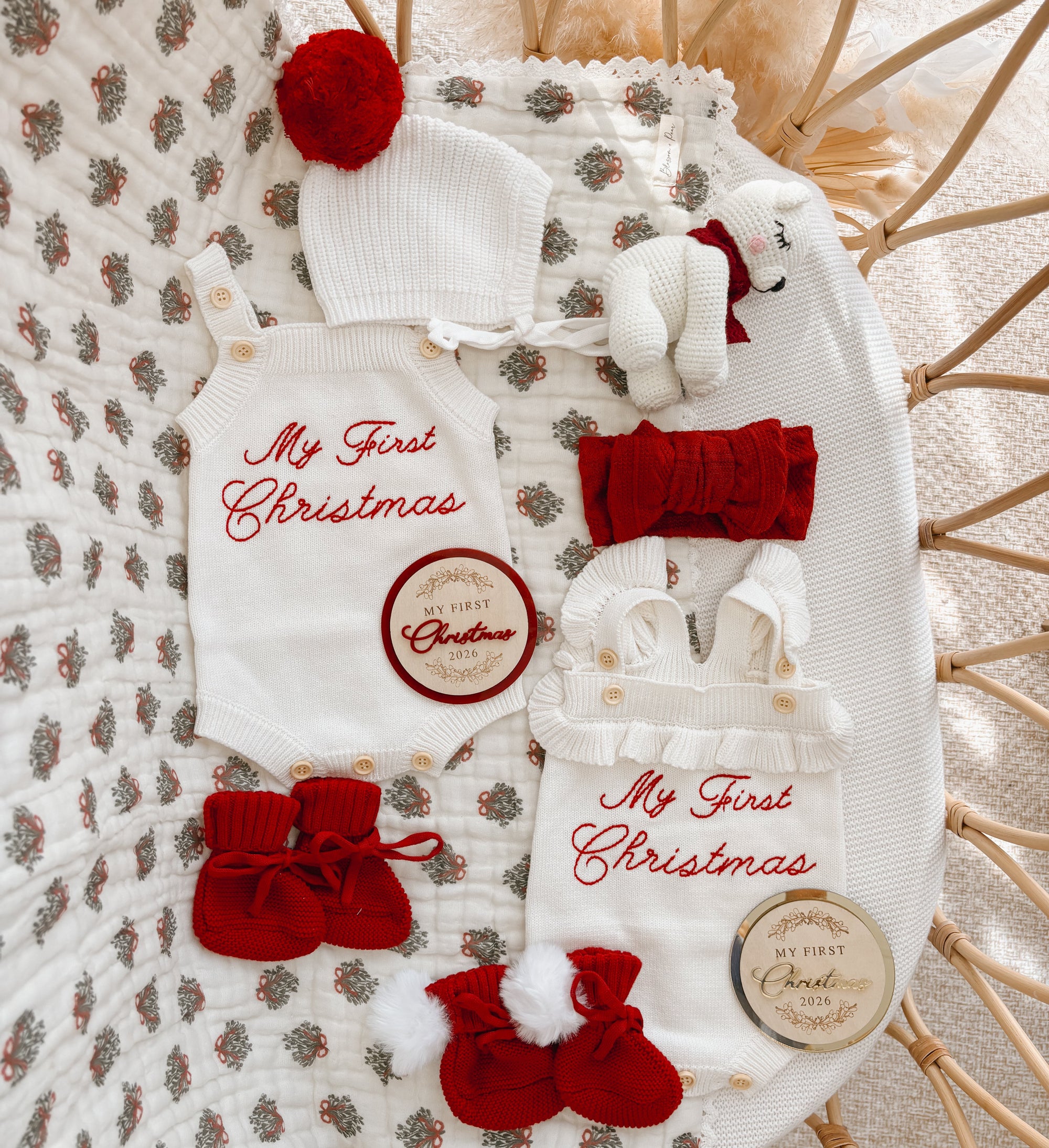 Embroidered ‘My First Christmas’ Singlet Frill Knit Romper