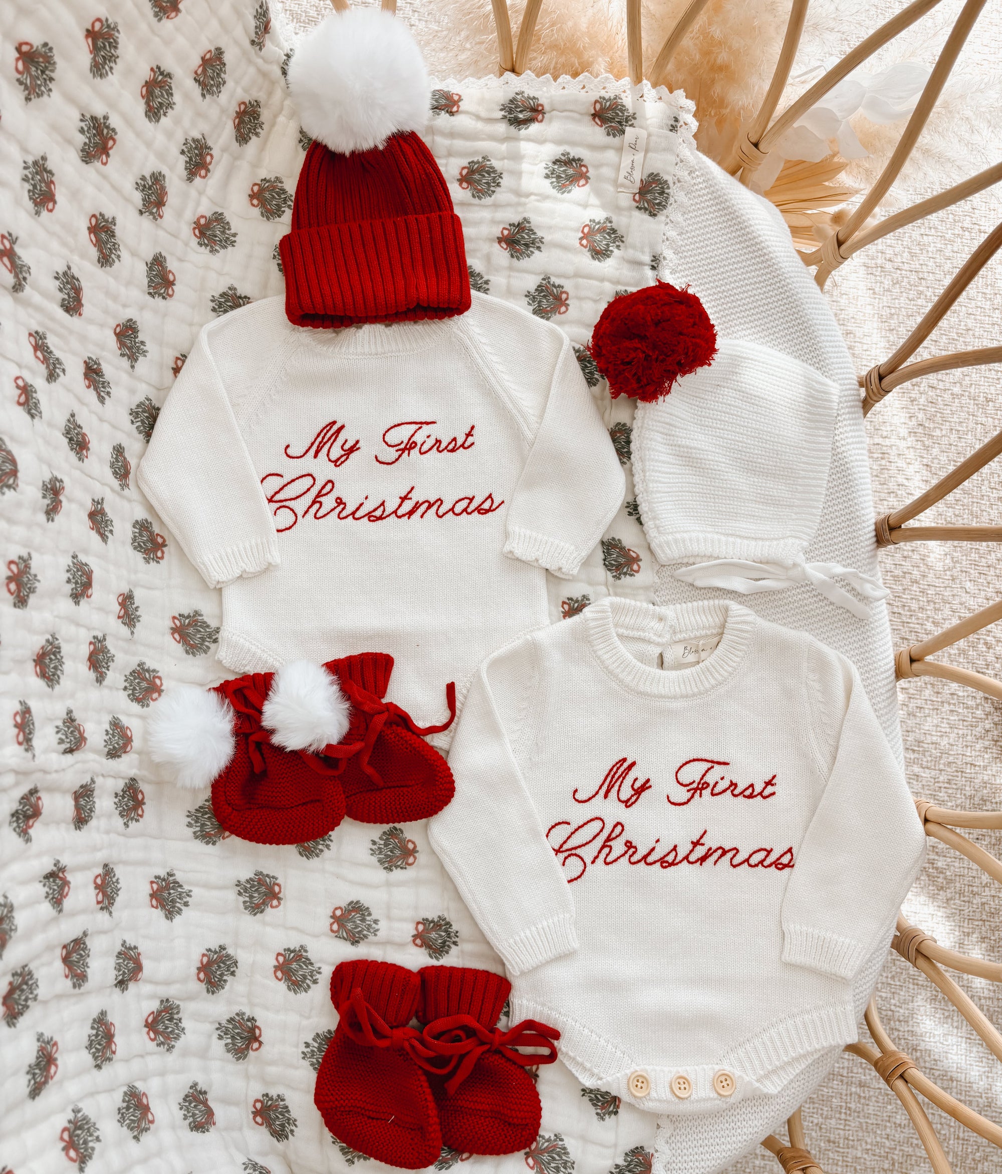 Embroidered ‘My First Christmas’ Long Sleeve Frill Knit Romper