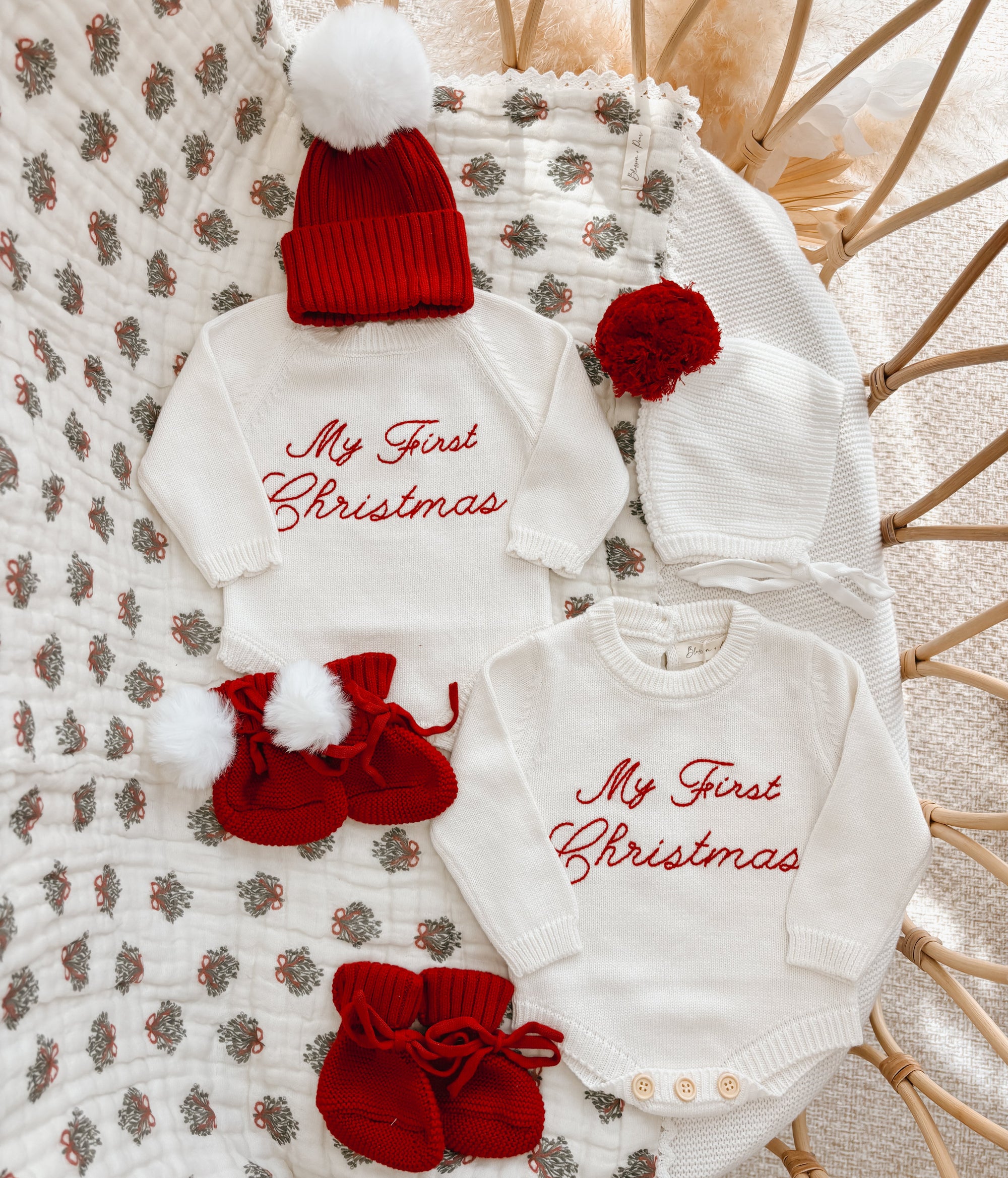 Embroidered ‘My First Christmas’ Long Sleeve Knit Romper