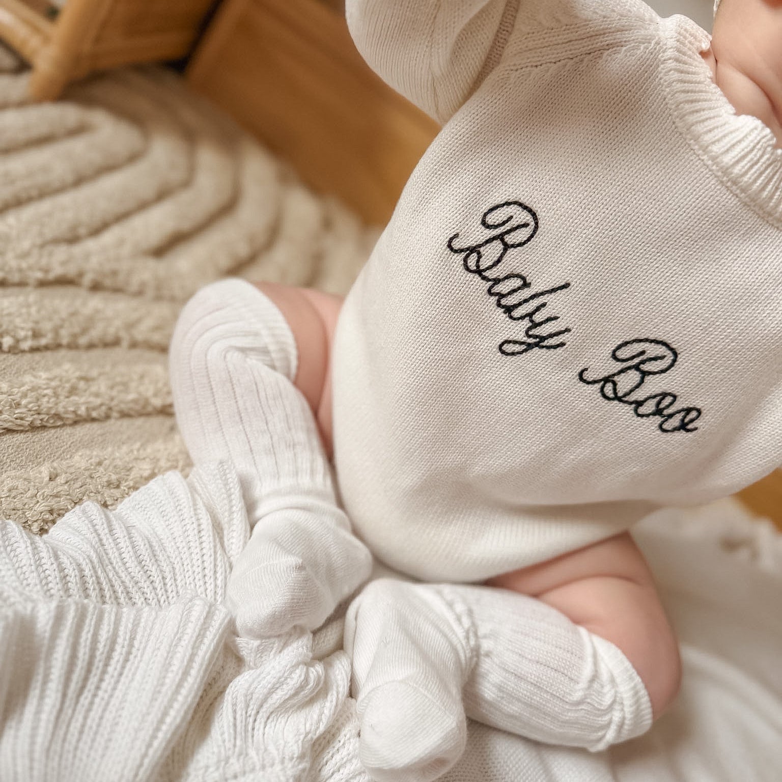 'Baby Boo' Long Sleeve Frill Knit Romper - Milk