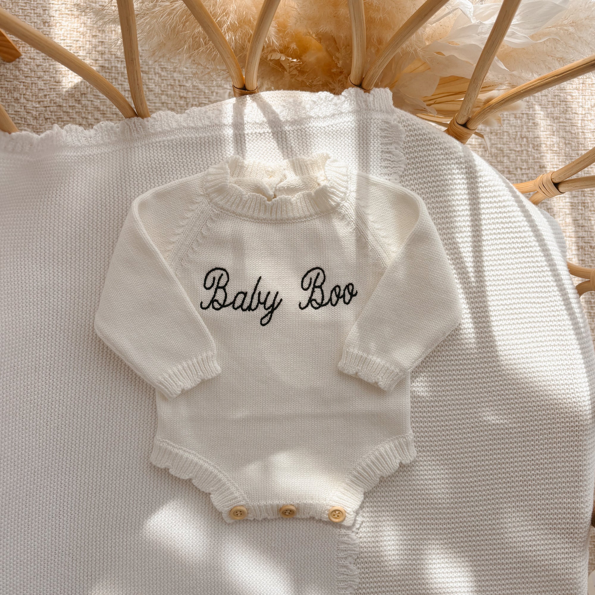 'Baby Boo' Long Sleeve Frill Knit Romper - Milk