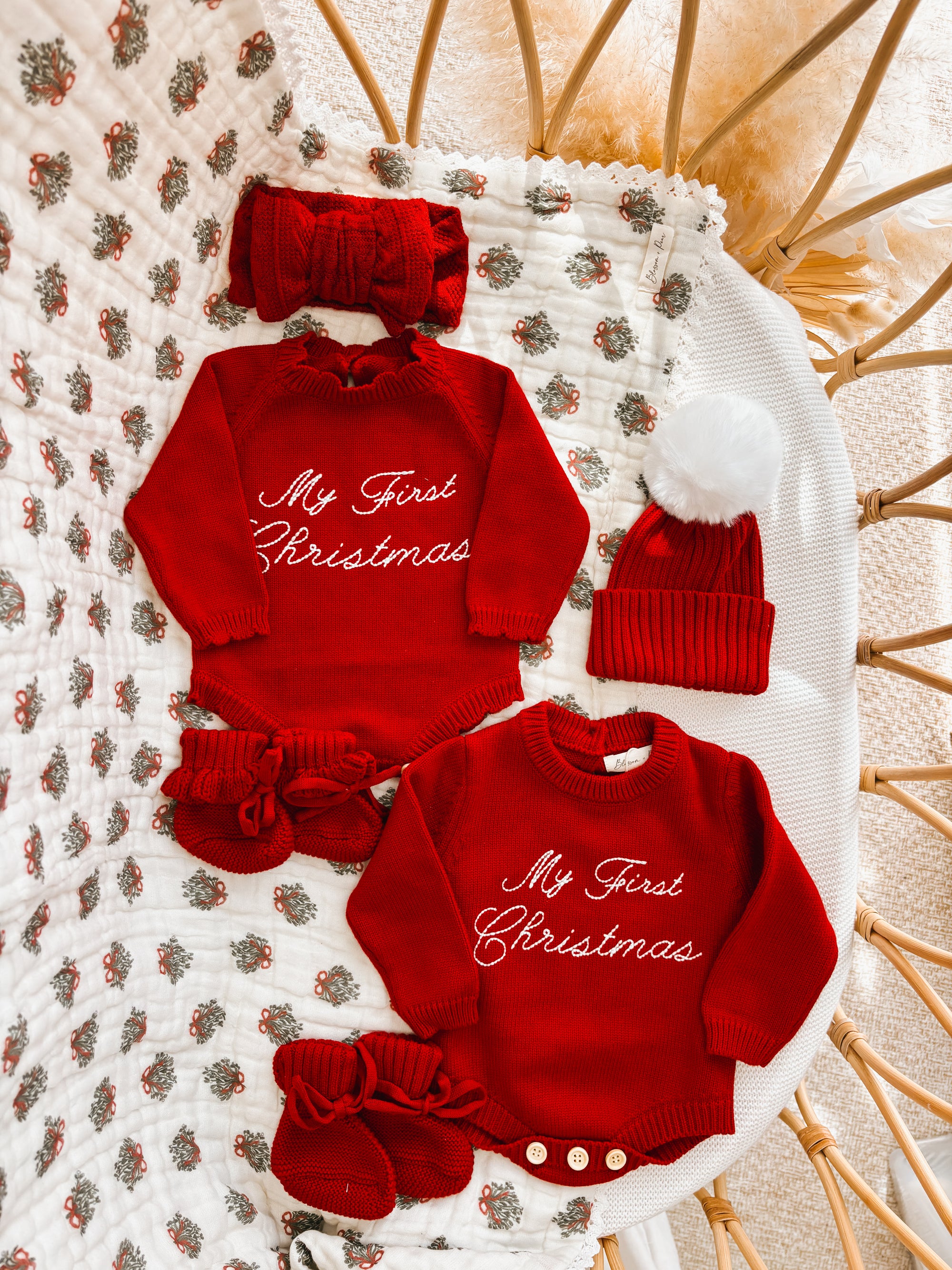 Embroidered ‘My First Christmas’ Long Sleeve Knit Romper