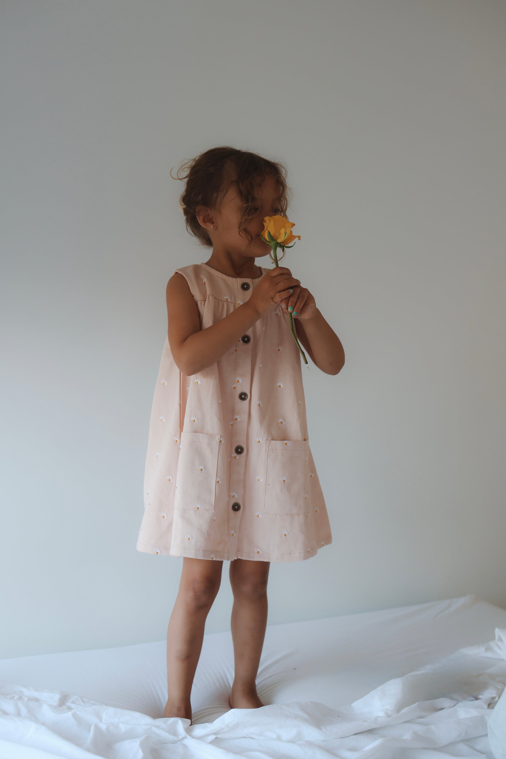 Denim Pinafore Dress - Pink Daisy