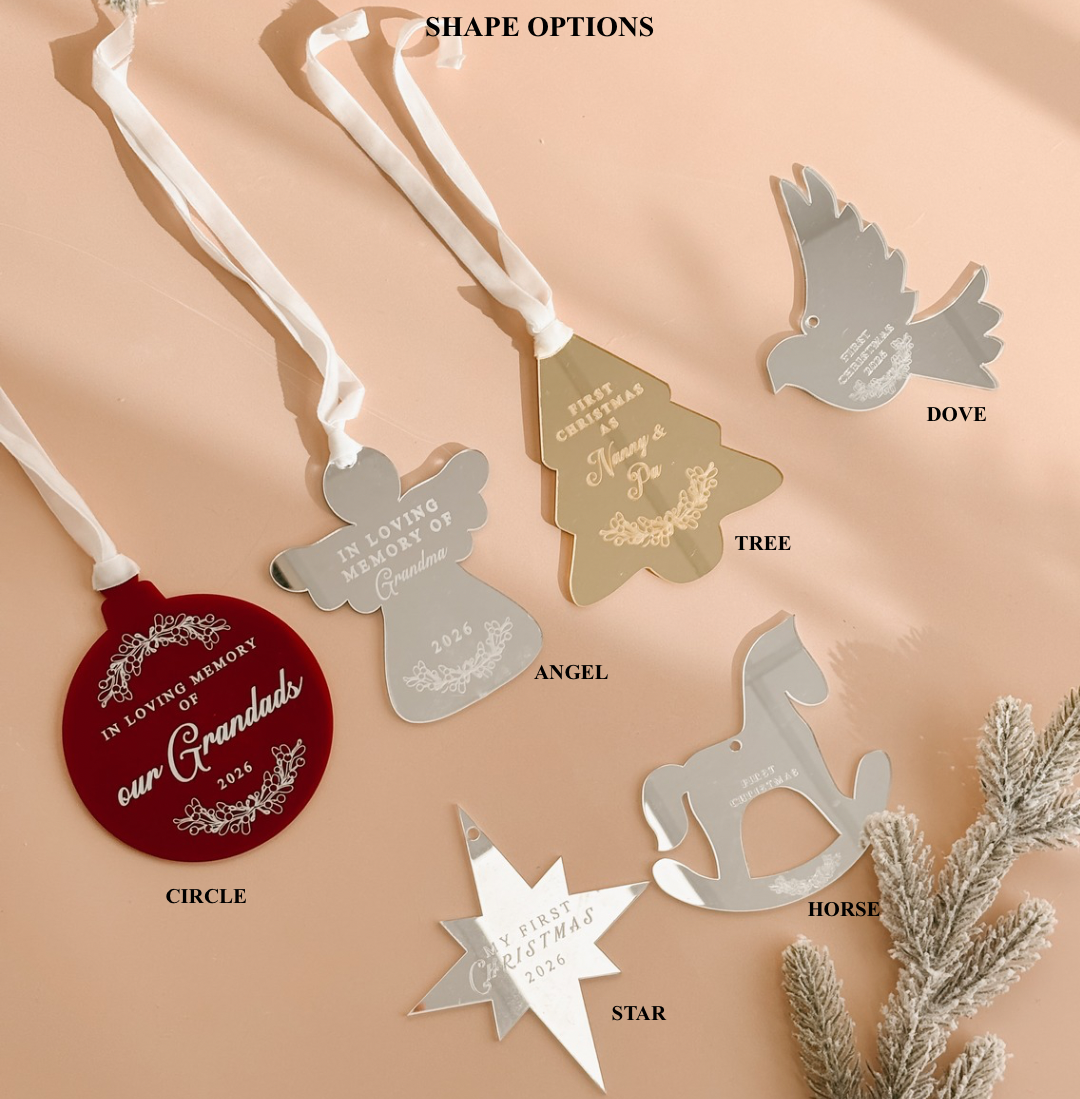 Shape options guide for personalised acrylic Christmas ornaments showing six styles: circle, angel, tree, dove, horse and star