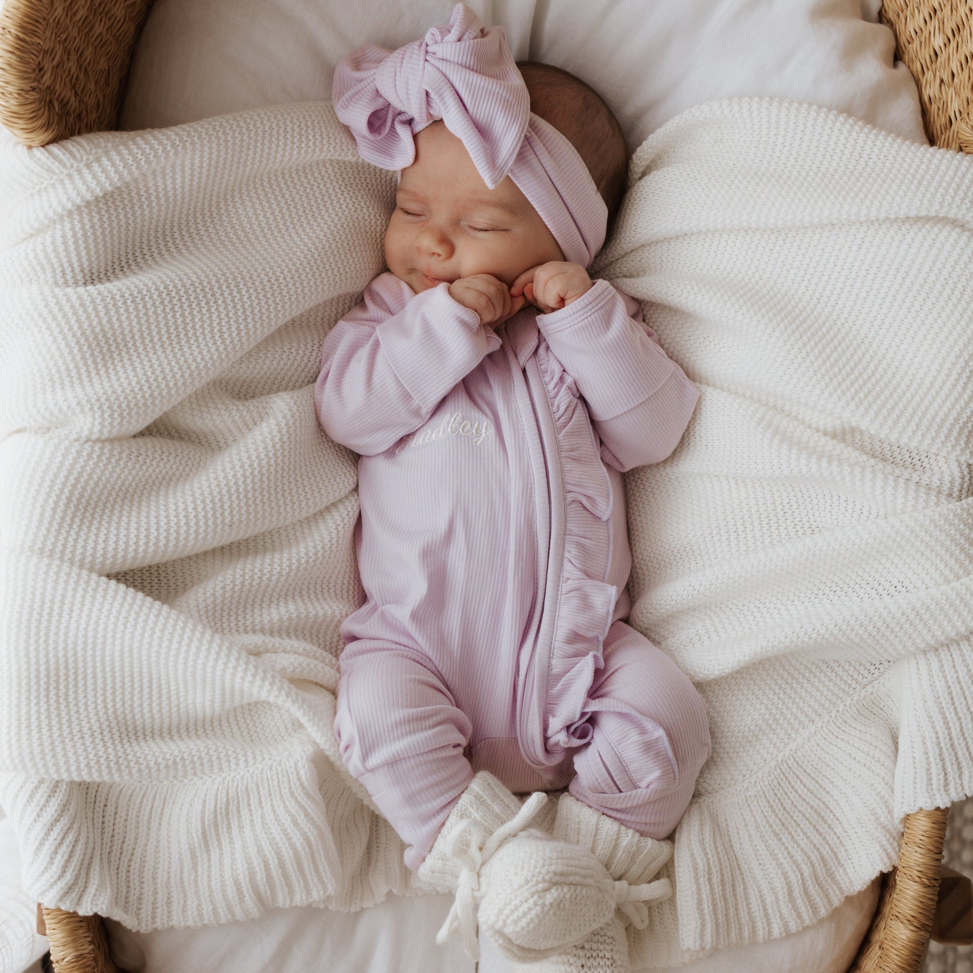 SALE Ribbed Frill Bamboo Zip Growsuit - Violet Purple