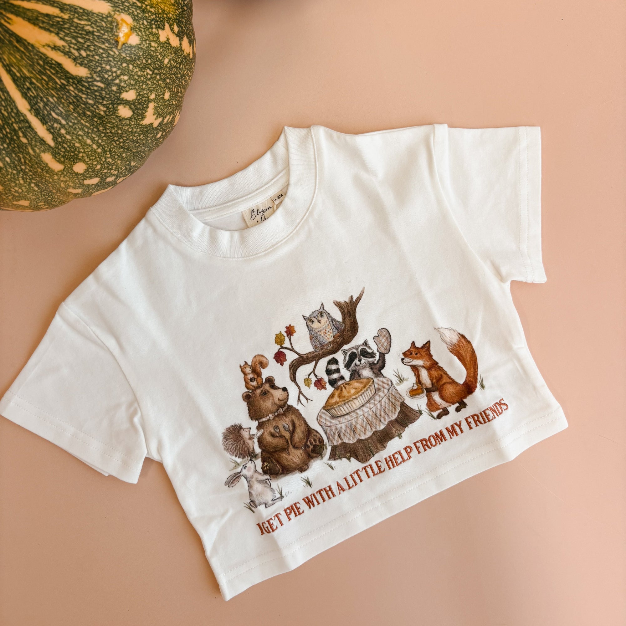 A white short-sleeve crop top t-shirt featuring a colorful graphic of autumn woodland animals and the text 'I GET PIE WITH A LITTLE HELP FROM MY FRIENDS', styled flat-lay on a peach background with decorative pumpkins.