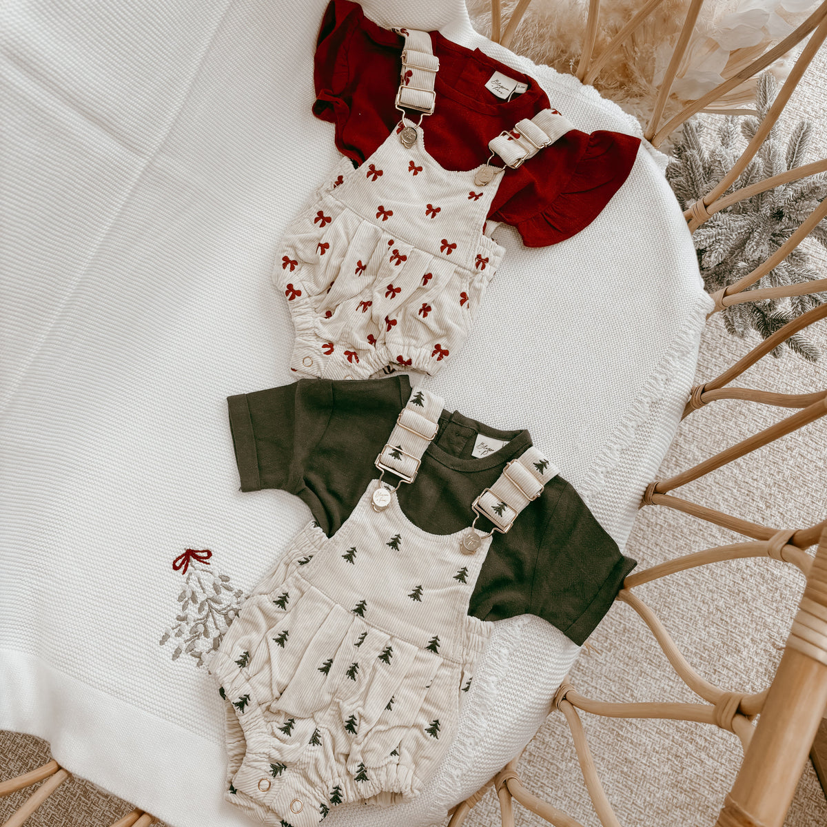Corduroy Overall Romper - Red Bow