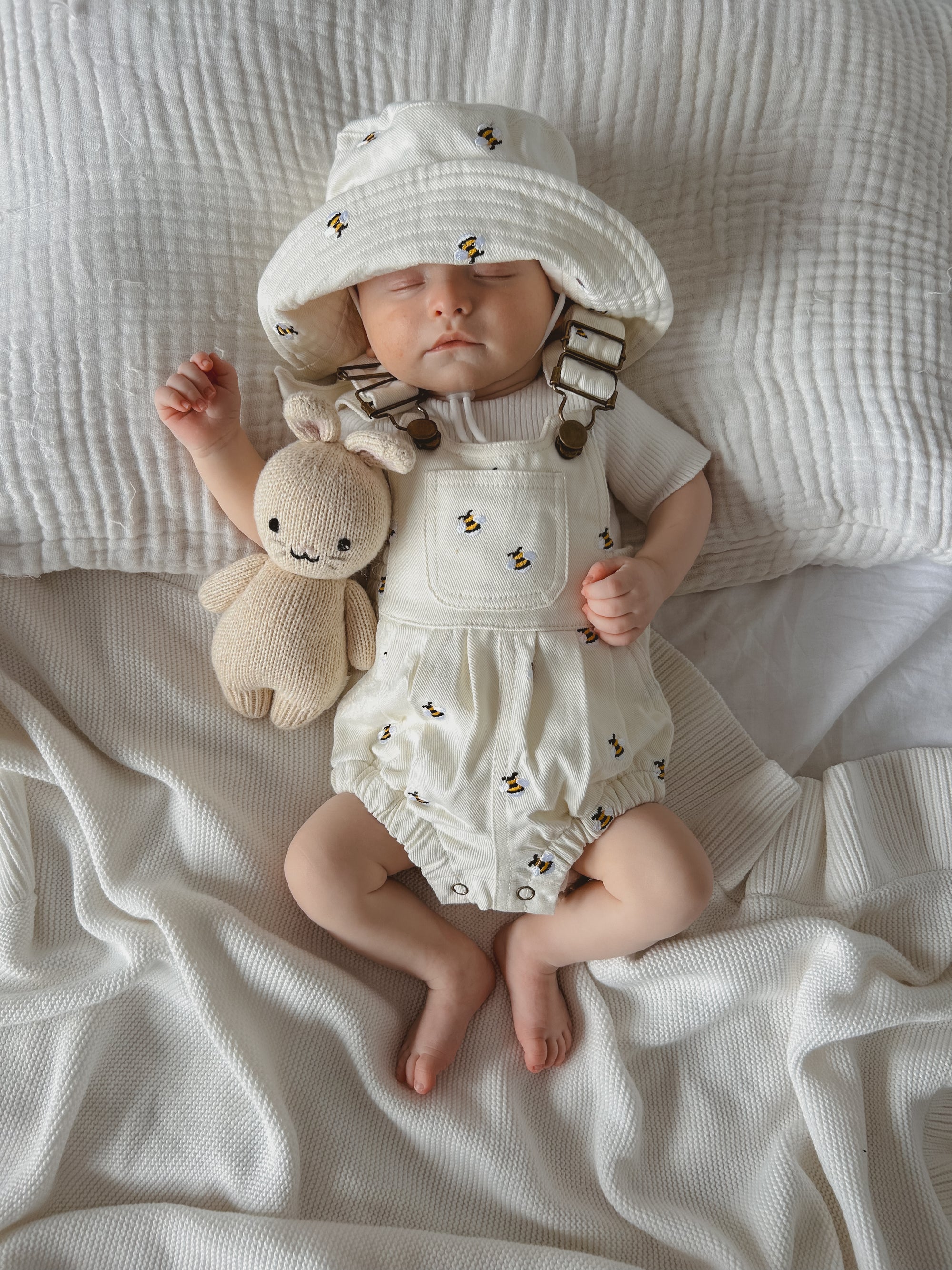 Denim Bee Overall Romper - Cream