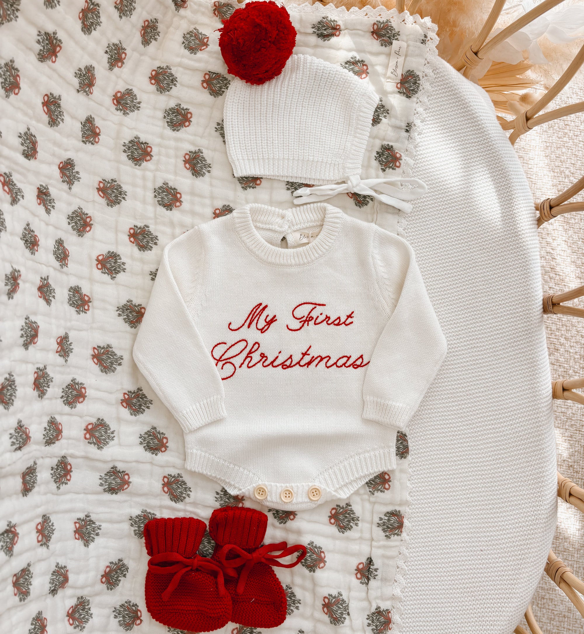 Embroidered ‘My First Christmas’ Long Sleeve Knit Romper