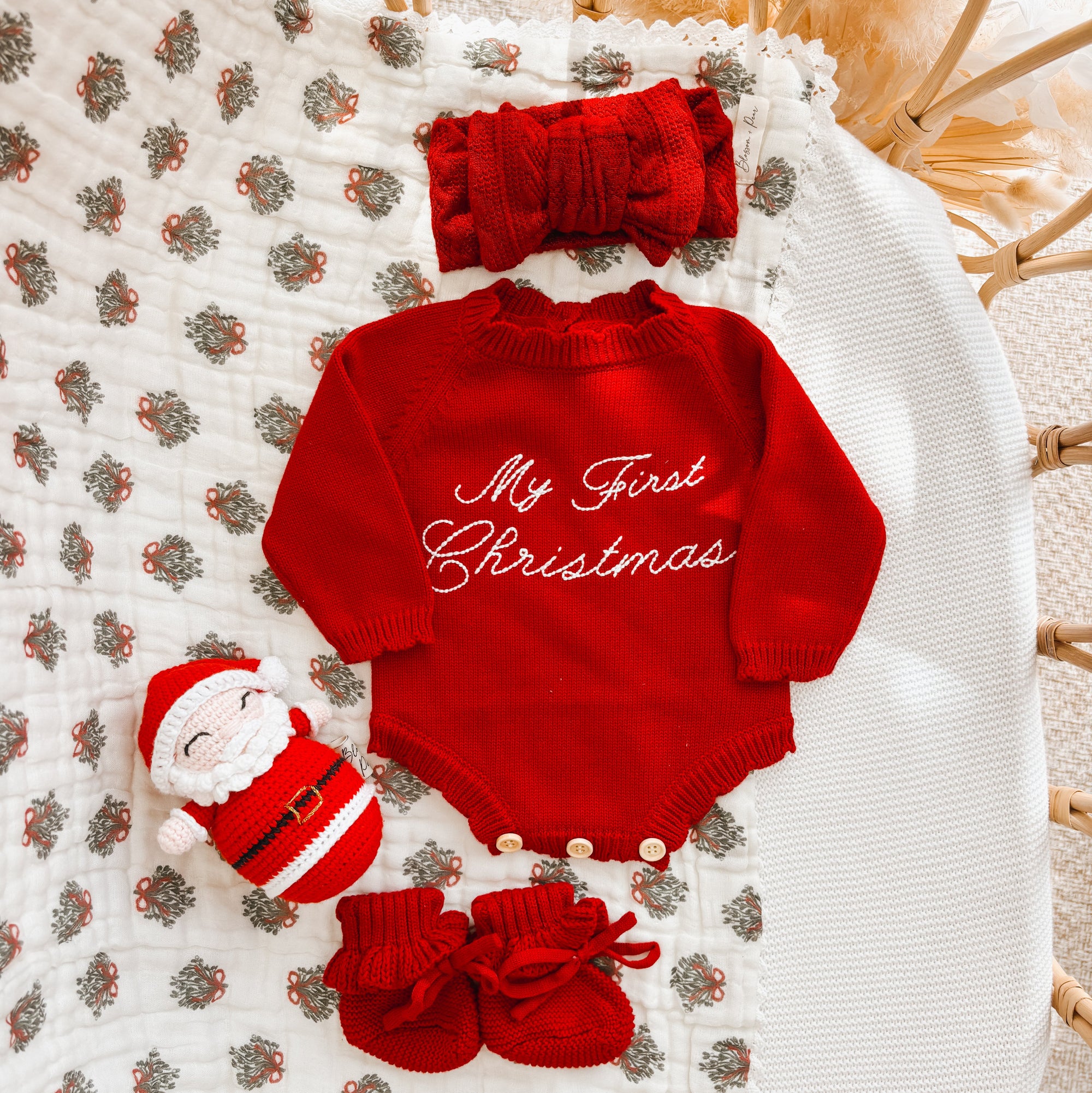 Embroidered ‘My First Christmas’ Long Sleeve Frill Knit Romper