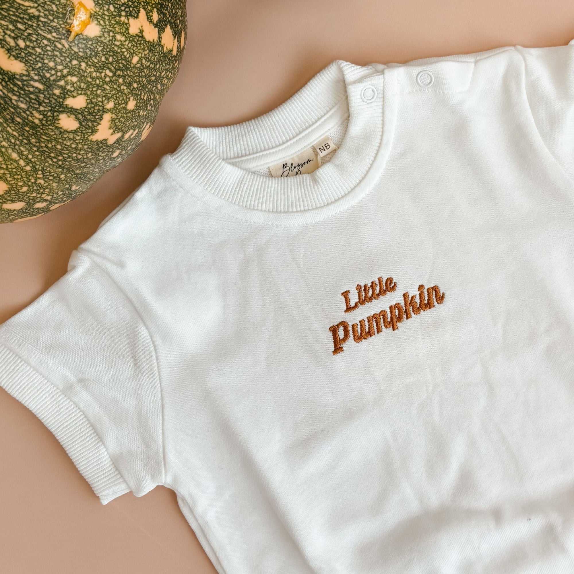Close up of Little Pumpkin embroidery in rust thread on a white short sleeve baby romper