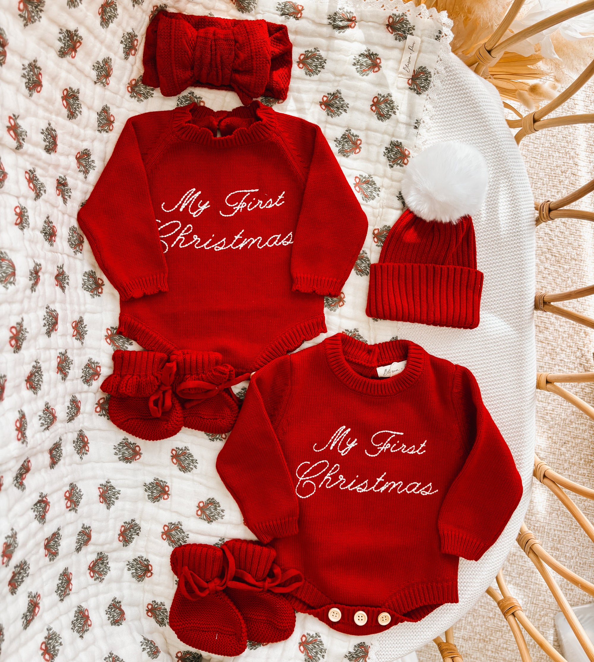 Embroidered ‘My First Christmas’ Long Sleeve Frill Knit Romper