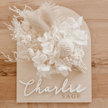 Load image into Gallery viewer, Wooden Acrylic Dried Floral Announcement Plaque