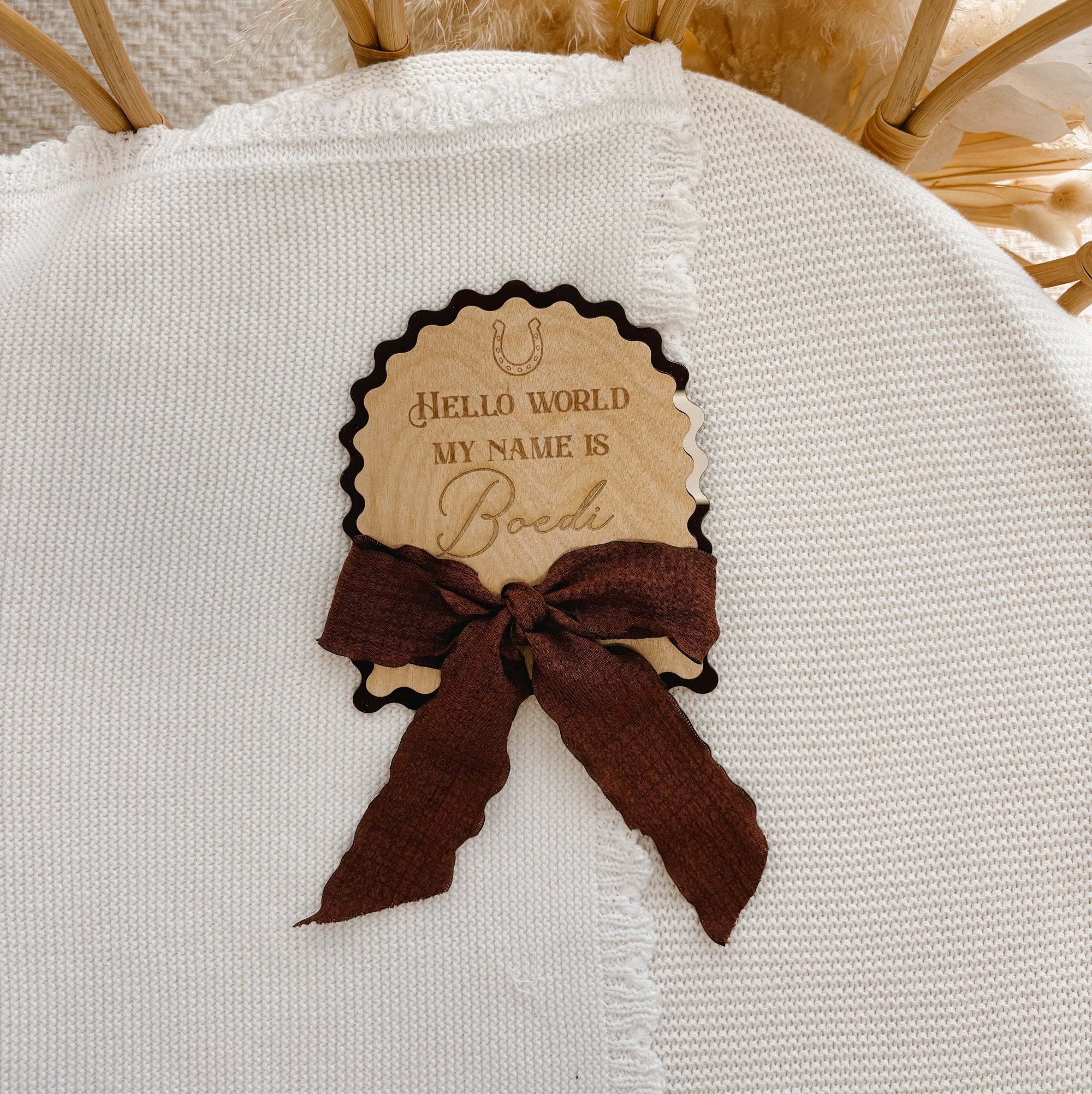 Personalised Horseshoe 'Hello World My Name Is' Arch Scallop Plaque - Bow