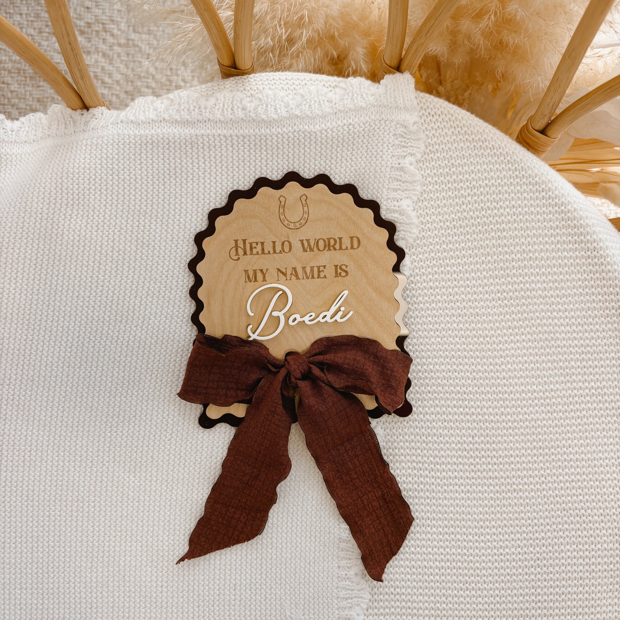 Personalised Horseshoe 'Hello World My Name Is' Arch Scallop Plaque - Bow