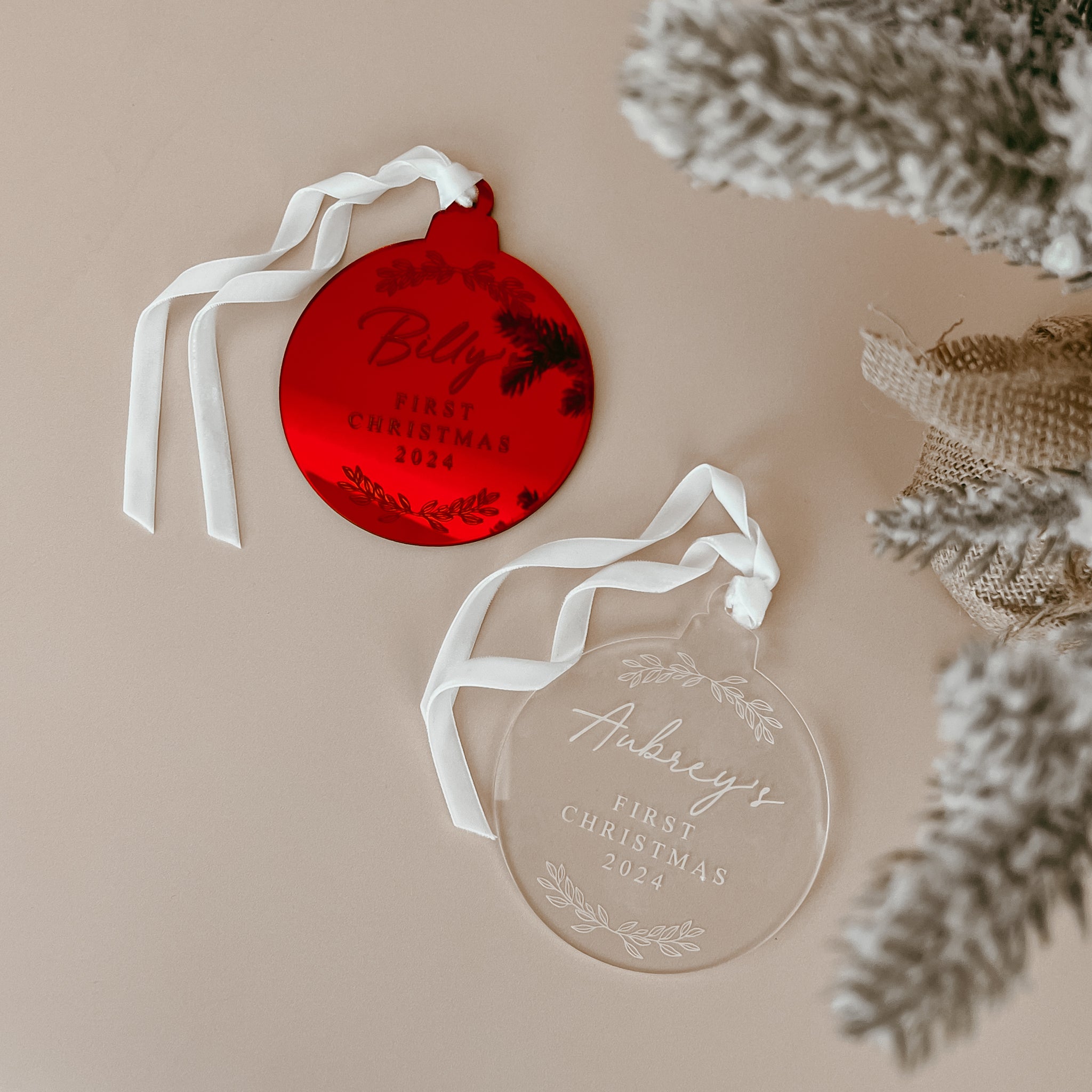 Personalised 'First Christmas 2024' Acrylic Bauble Blossom and Pear