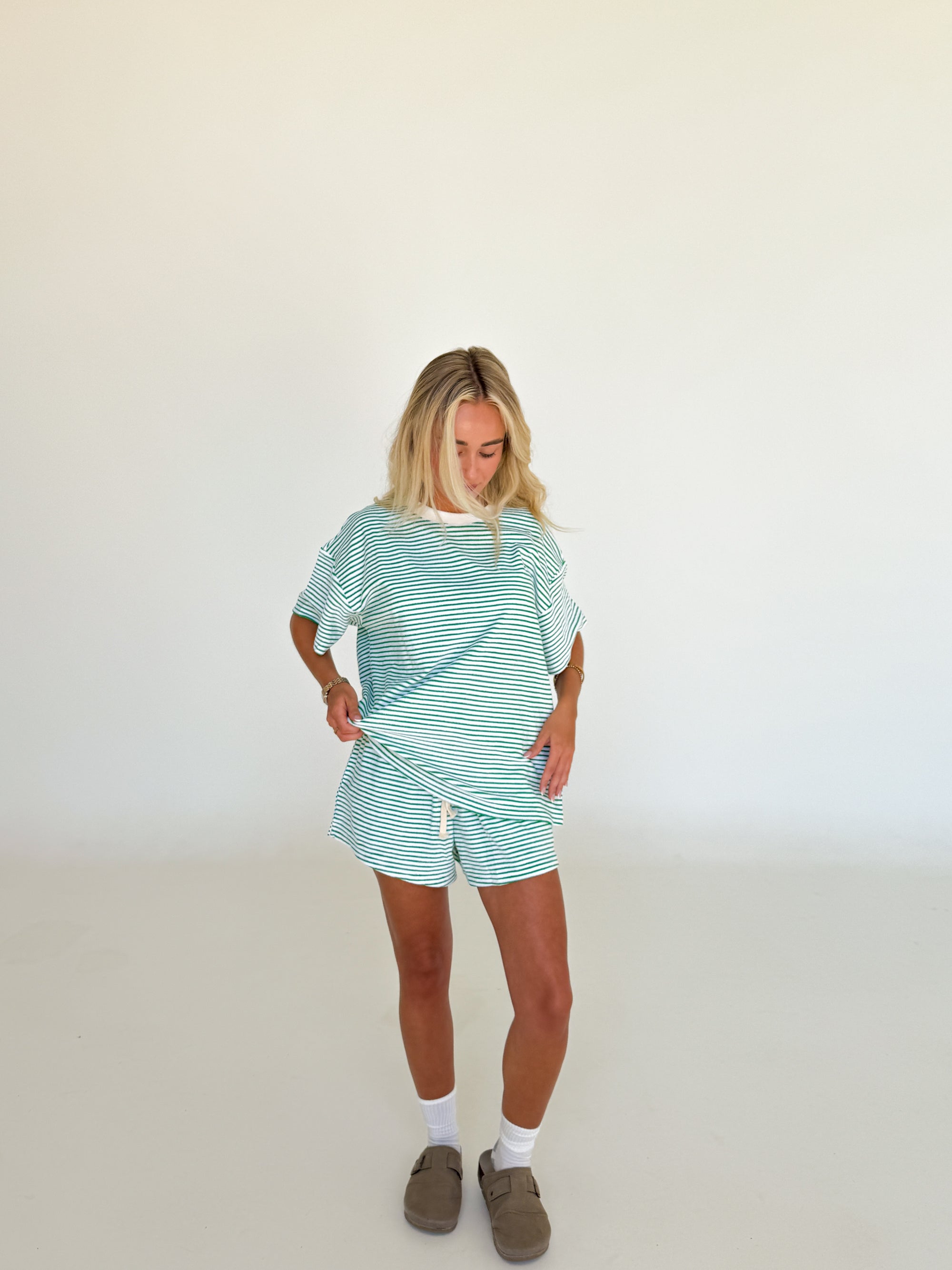 Ladies Stripe Terry Shorts - Green