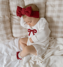 Load image into Gallery viewer, Red Bow Long Sleeve Frill Leg Romper, Crochet Topknot &amp; Frill Booties Bundle