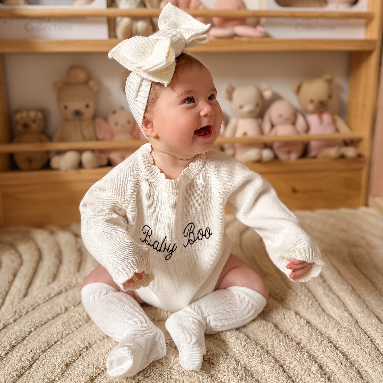 'Baby Boo' Long Sleeve Frill Knit Romper - Milk