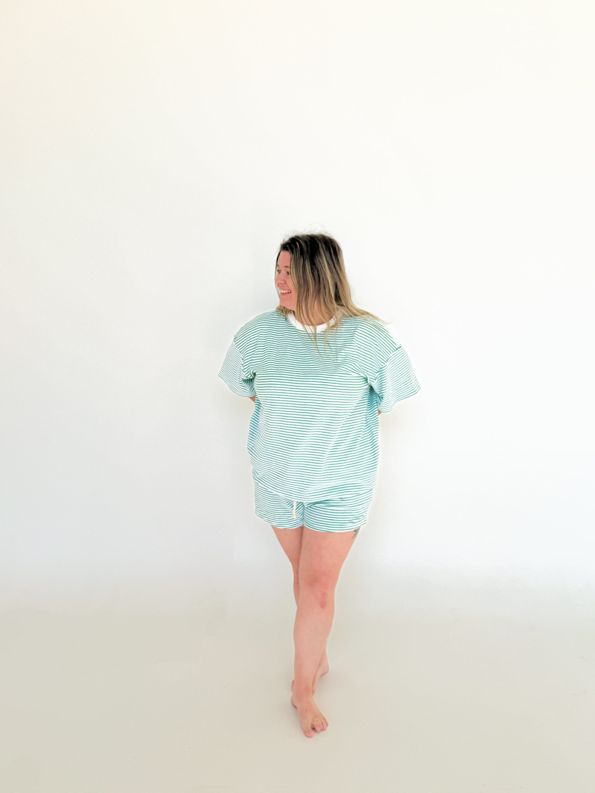 Ladies Stripe Terry Shorts - Green