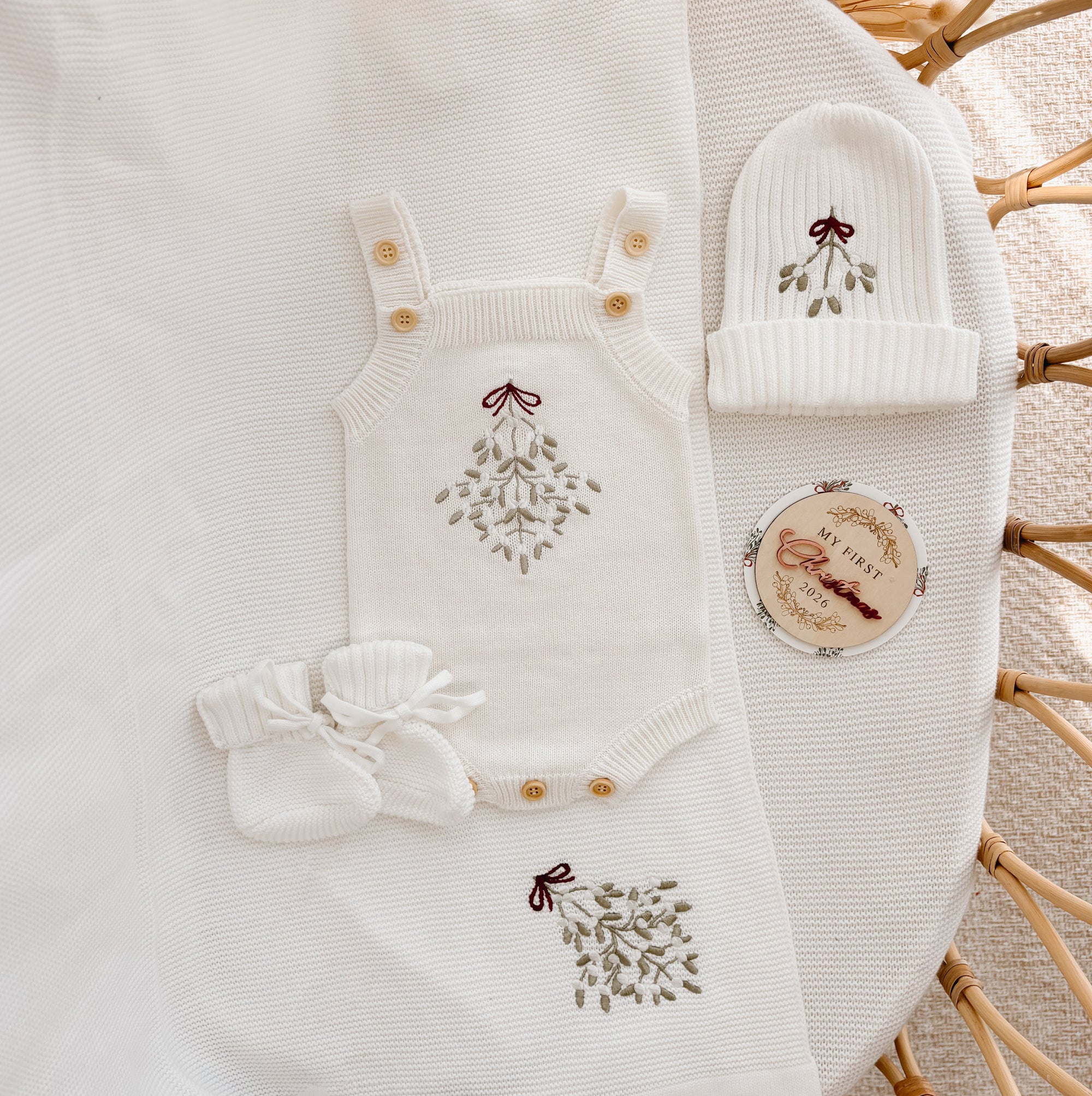 Mistletoe embroidered knit baby overall romper with matching beanie, booties and milestone disc
