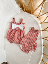 Load image into Gallery viewer, Candy Stripe Bow Romper - Red