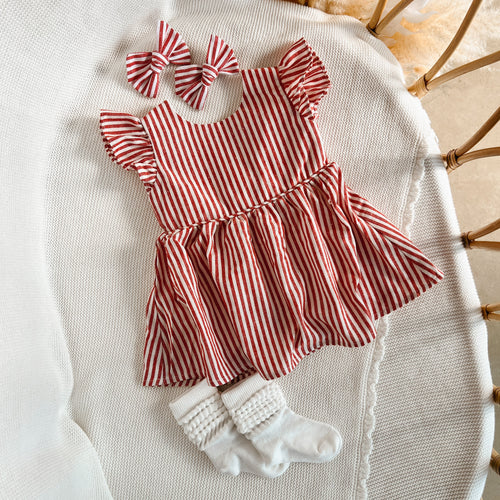 Kid's Candy Stripe Dress, Sock & Hairclip Bundle - Red