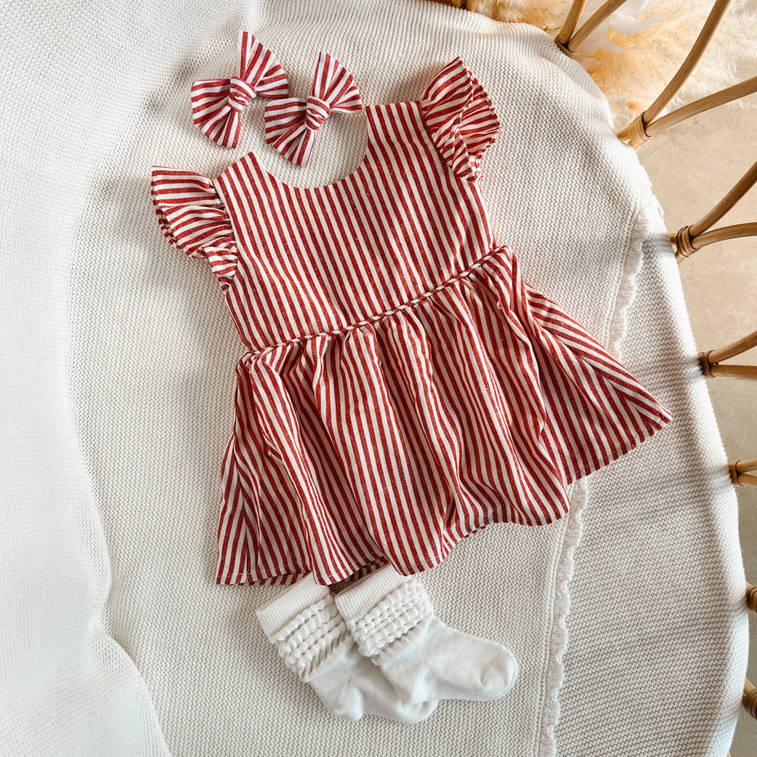 Kid's Candy Stripe Dress, Sock & Hairclip Bundle - Red