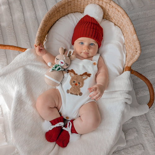 Reindeer Singlet Knit Romper, Beanie & Booties Bundle