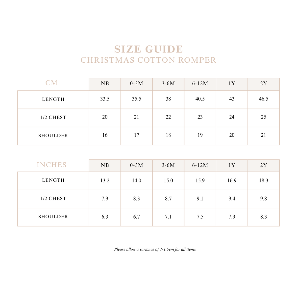 Christmas Cotton Romper size guide with length, half chest and shoulder measurements in centimetres and inches for sizes NB to 2Y