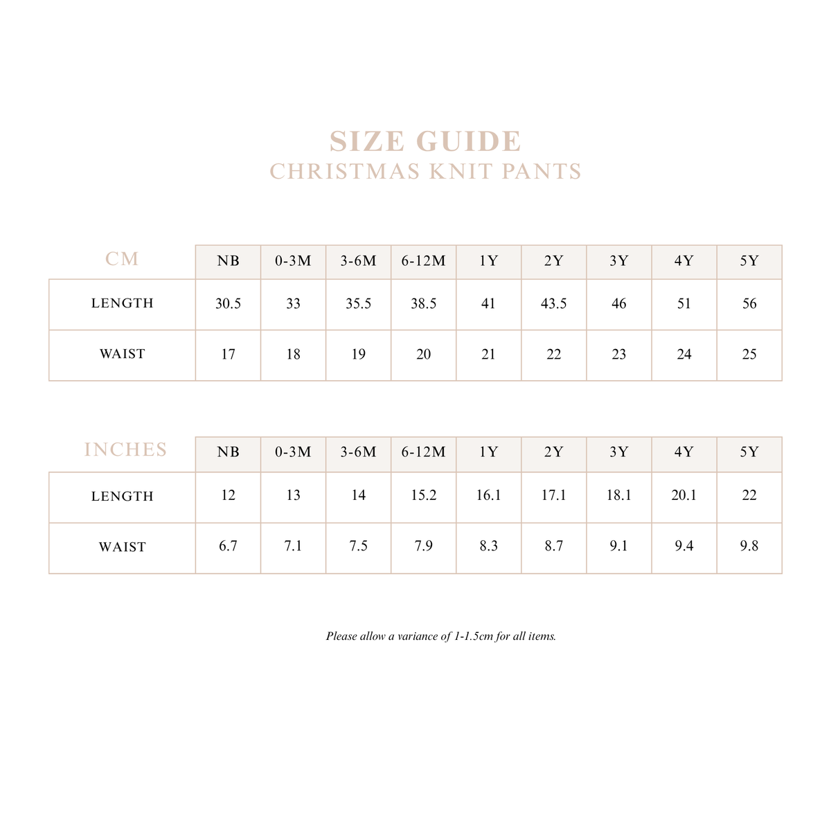 Christmas Knit Pants size guide with length and waist measurements in centimetres and inches for sizes NB to 5Y