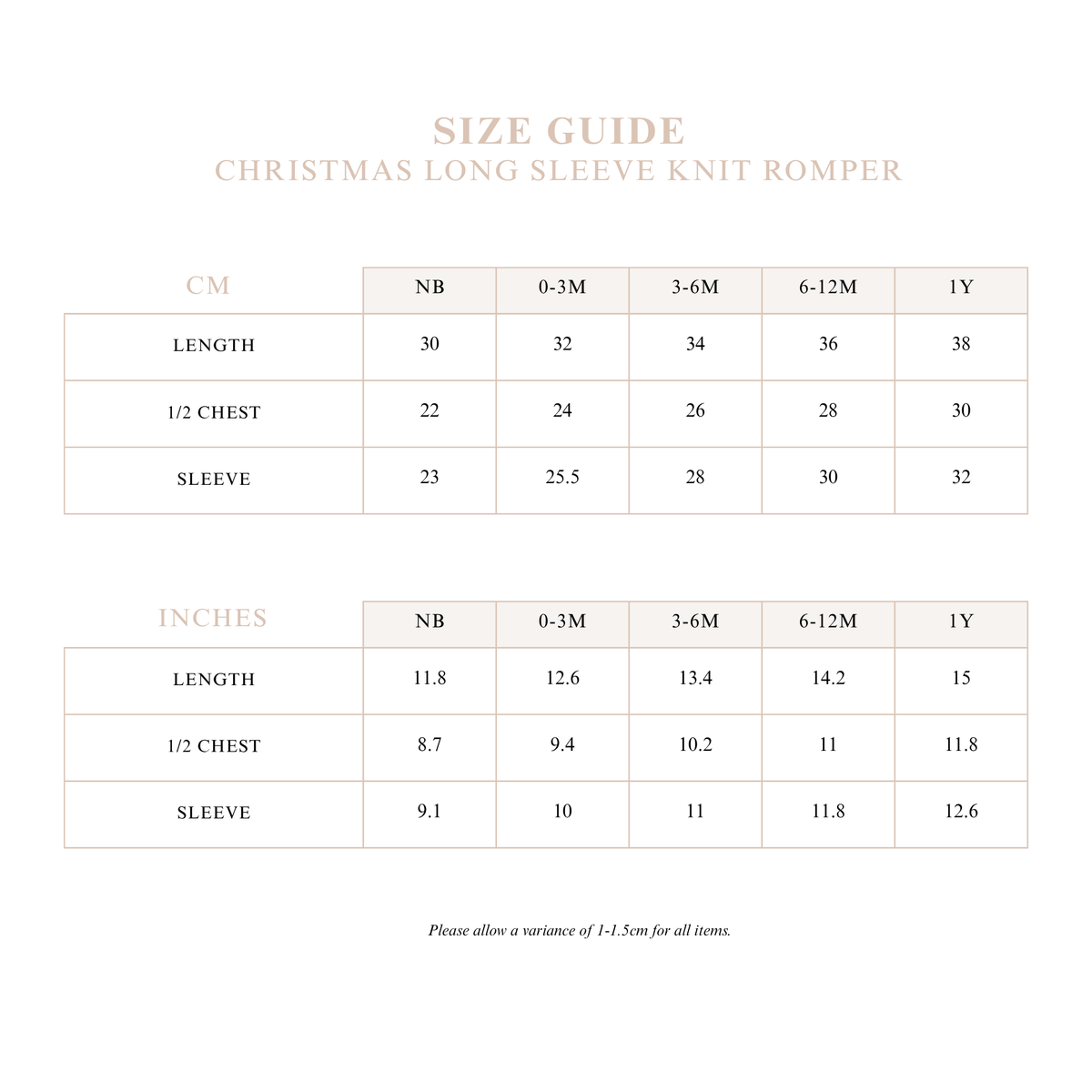 Christmas Long Sleeve Knit Romper size guide with length, half chest and sleeve measurements in cm and inches from newborn to 1Y