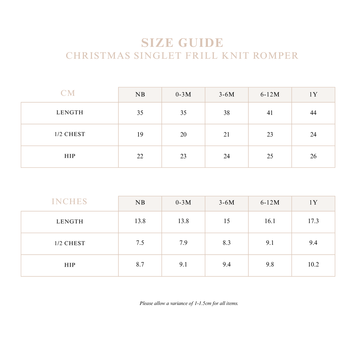 Christmas Singlet Frill Knit Romper size guide with length, half chest and hip measurements in cm and inches from newborn to 1Y
