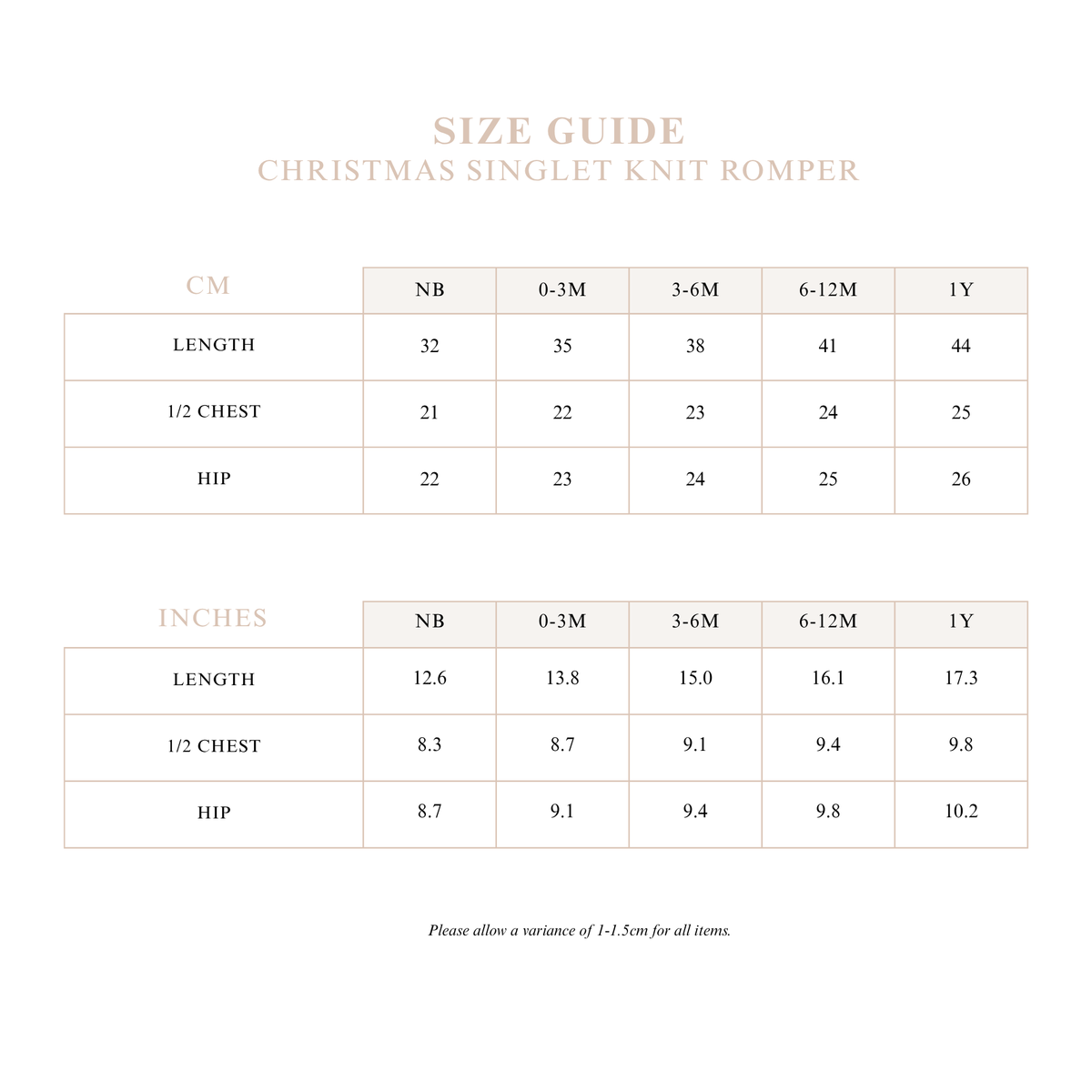 Christmas Singlet Knit Romper size guide with length, half chest and hip measurements in cm and inches from newborn to 1Y